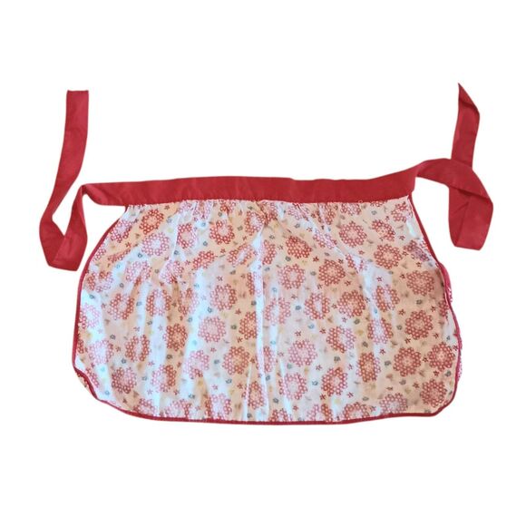 Vtg Half Apron Cotton Tieback Red White Floral 2 Pockets 60s Size Small Or Child - Picture 2 of 11